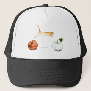 Orange Cat Jumping Between Pumpkins Trucker Hat
