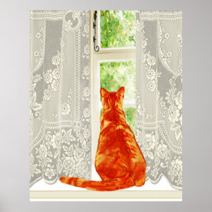 Orange Cat Looking out Window Traditional Art Poster