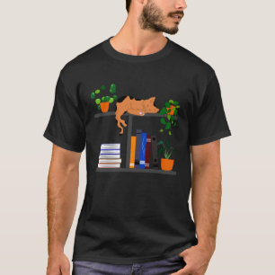 Orange Cat Lying On Floral Bookshelf Book Kitten M T-Shirt
