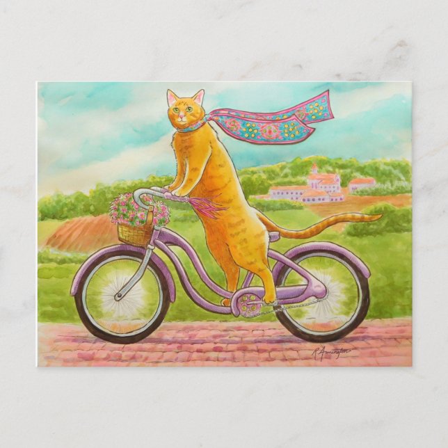 Orange Cat on a Purple Bicycle Postcard (Front)