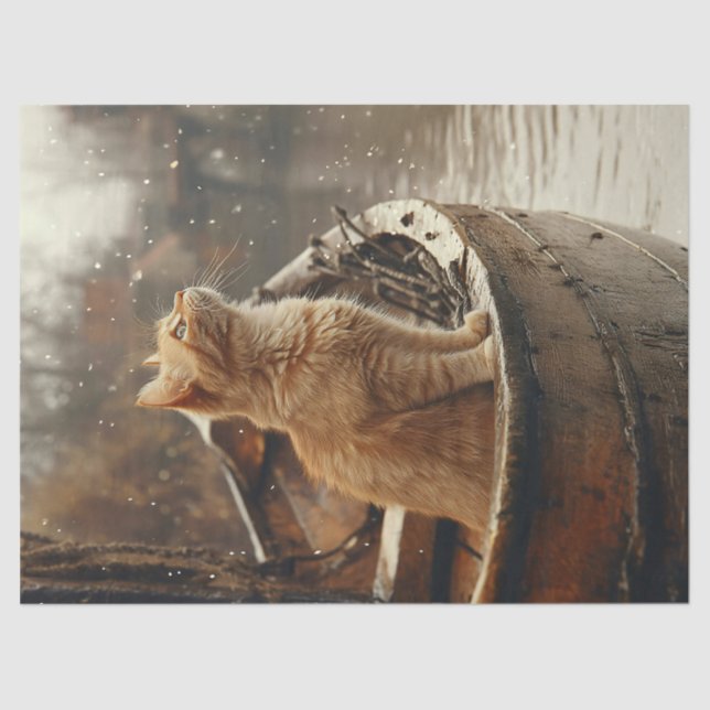 Orange Cat on a Wooden Boat Decoupage Tissue Paper (Front)