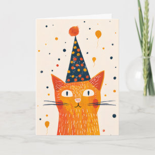 Orange Cat Party Hat Birthday Greeting Card
