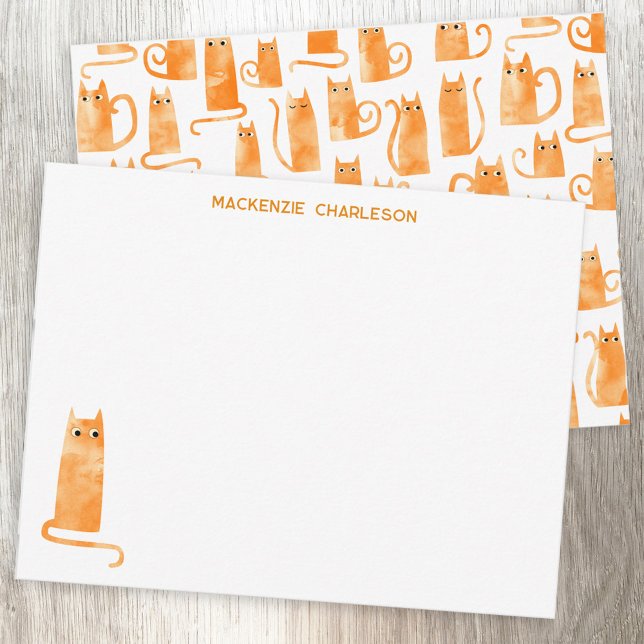 Orange Cat Personalised Stationery Card (Fun orange ginger cat personalized custom name notecard)