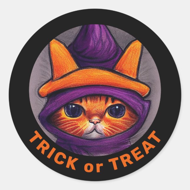 Orange Cat Purple Witch Hat Trick Treat Halloween  Classic Round Sticker (Front)