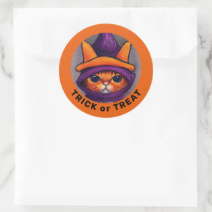 Orange Cat Purple Witch Hat Trick Treat Halloween Classic Round Sticker