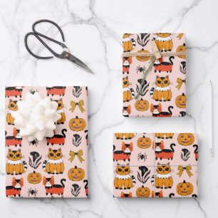orange cat seamless pattern halloween wrapping paper sheet