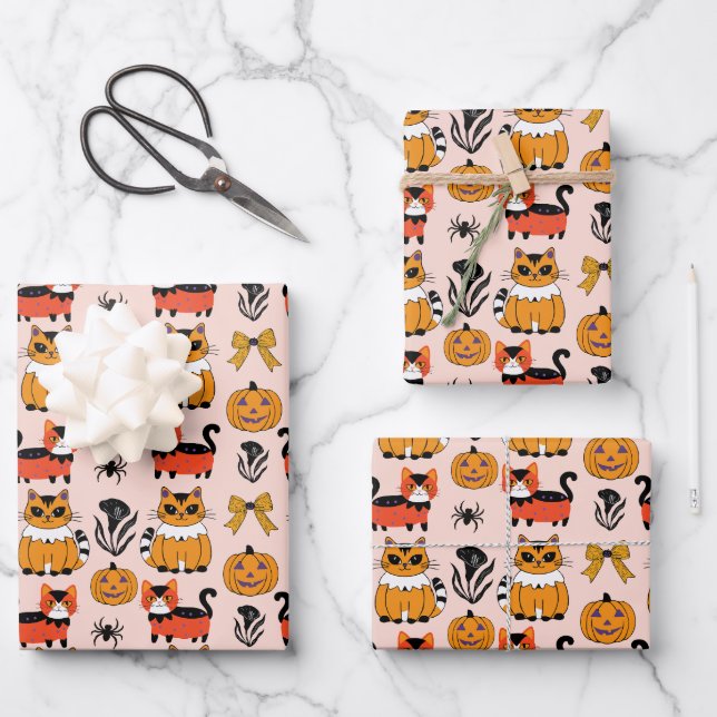 orange cat seamless pattern halloween wrapping paper sheet (Front)