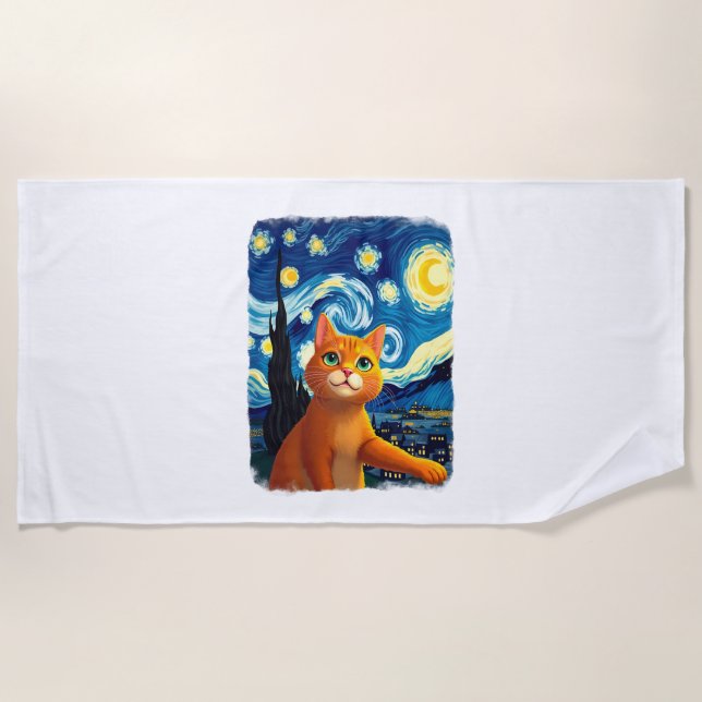 Orange Cat Selfie  Starry Night Cat Mom Cat Lovers Beach Towel (Front)