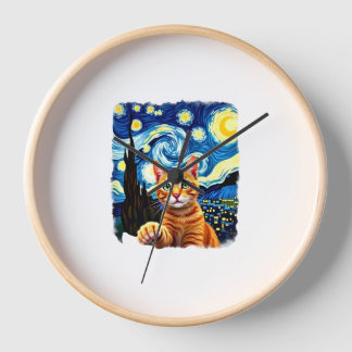 Orange Cat Selfie  Starry Night Cat Mom Cat Lovers Clock