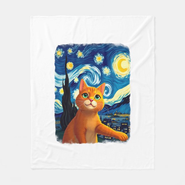 Orange Cat Selfie  Starry Night Cat Mom Cat Lovers Fleece Blanket (Front)