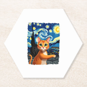 Orange Cat Selfie  Starry Night Cat Mom Cat Lovers Paper Coaster