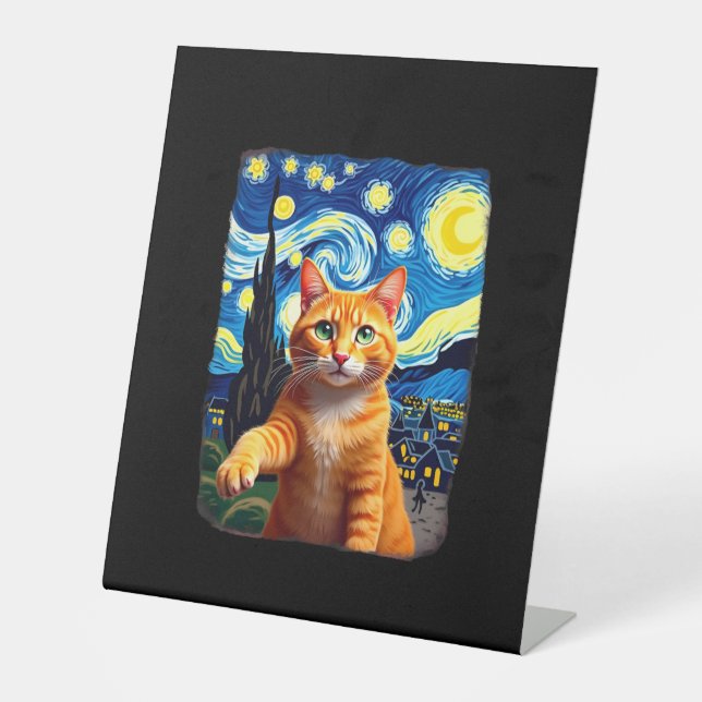 Orange Cat Selfie  Starry Night Cat Mom Cat Lovers Pedestal Sign (Front)