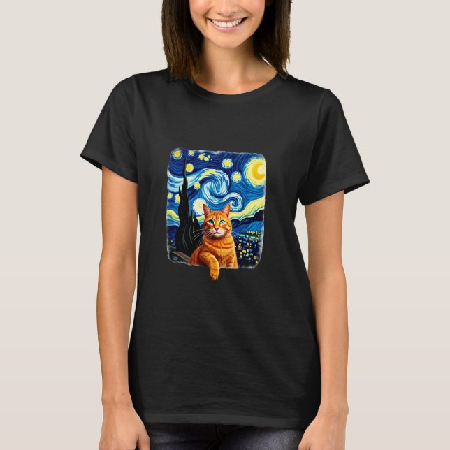 Orange Cat Selfie  Starry Night Cat Mom Cat Lovers T-Shirt (Front)