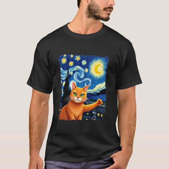 Orange Cat Selfie  Starry Night Cat Mom Cat Lovers T-Shirt (Front)