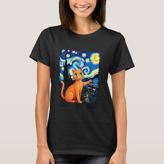 Orange Cat Selfie  Starry Night Cat Mom Cat Lovers T-Shirt (Front)