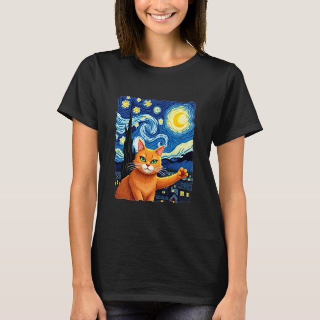 Orange Cat Selfie  Starry Night Cat Mom Cat Lovers T-Shirt (Front)
