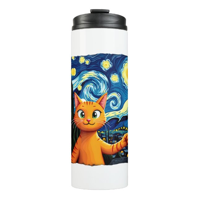 Orange Cat Selfie  Starry Night Cat Mom Cat Lovers Thermal Tumbler (Front)