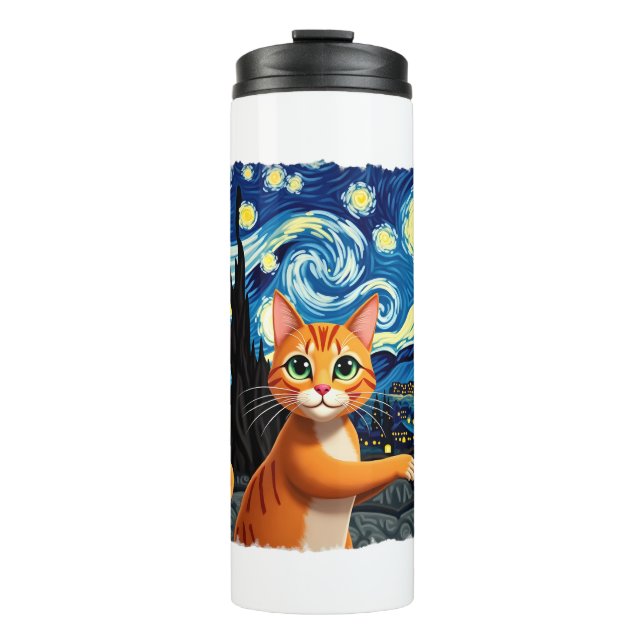 Orange Cat Selfie  Starry Night Cat Mom Cat Lovers Thermal Tumbler (Front)