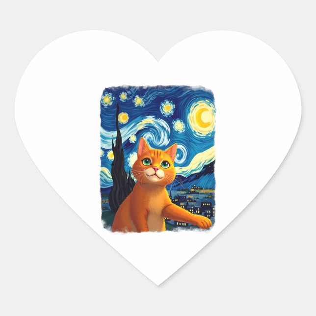 Orange Cat Selfie  Starry Night Cat Mum Cat Lovers Heart Sticker (Front)