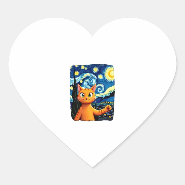 Orange Cat Selfie  Starry Night Cat Mum Cat Lovers Heart Sticker (Front)