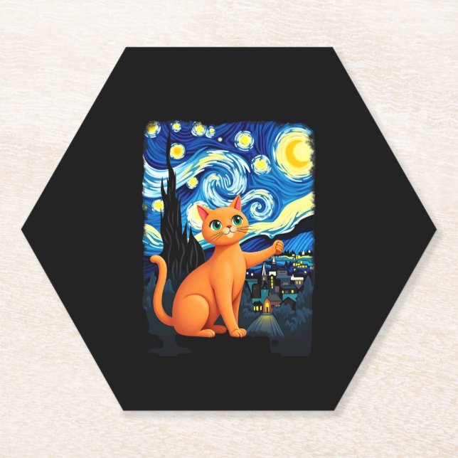 Orange Cat Selfie  Starry Night Cat Mum Cat Lovers Paper Coaster (Front)