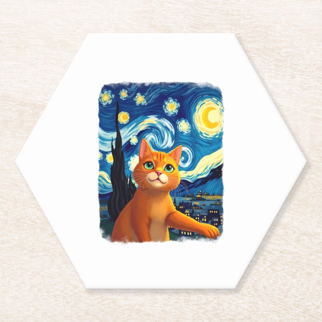 Orange Cat Selfie  Starry Night Cat Mum Cat Lovers Paper Coaster (Front)