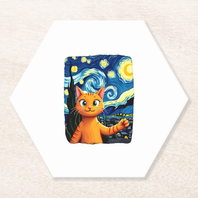 Orange Cat Selfie  Starry Night Cat Mum Cat Lovers Paper Coaster (Front)