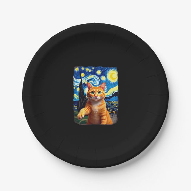 Orange Cat Selfie  Starry Night Cat Mum Cat Lovers Paper Plate (Front)