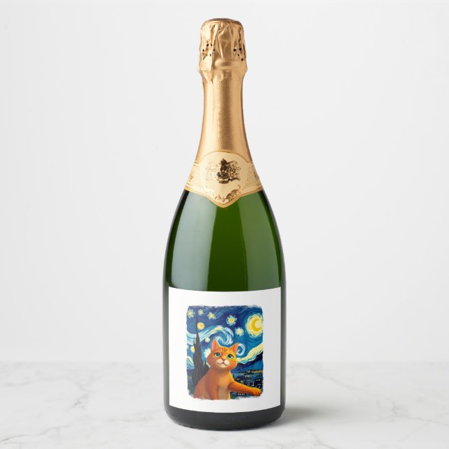 Orange Cat Selfie  Starry Night Cat Mum Cat Lovers Sparkling Wine Label (Front)