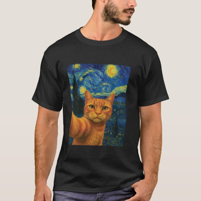 Orange Cat Selfie Van Gogh s Starry Night Cat Mom  T-Shirt (Front)
