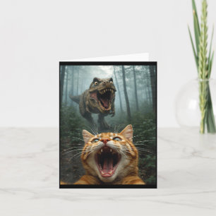 Orange Cat Selfie with T-Rex Dinosaur Funny Men Card