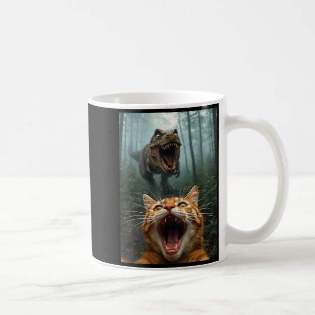 Orange Cat Selfie with T-Rex Dinosaur Funny Men Coffee Mug (Right)