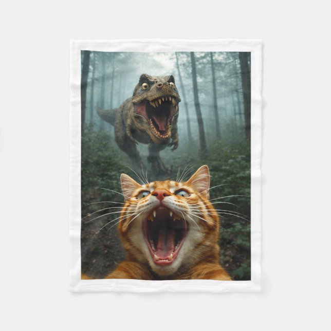 Orange Cat Selfie with T-Rex Dinosaur Funny Men Fleece Blanket (Front)