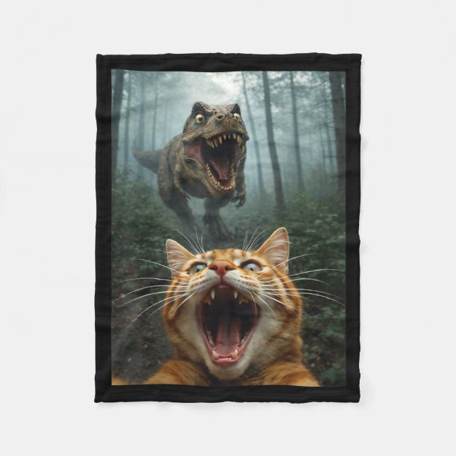 Orange Cat Selfie with T-Rex Dinosaur Funny Men Fleece Blanket (Front)