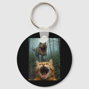 Orange Cat Selfie with T-Rex Dinosaur Funny Men Key Ring