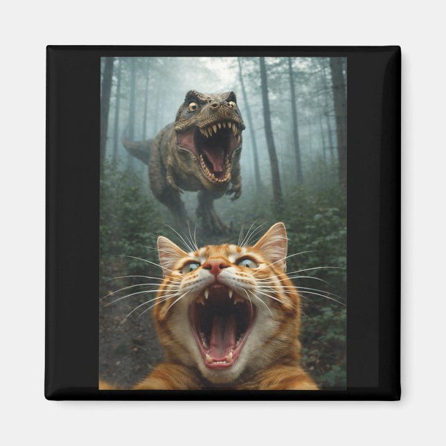 Orange Cat Selfie with T-Rex Dinosaur Funny Men Magnet (Front)