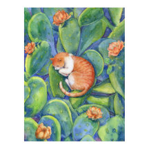 Orange Cat Sleeping Among Blooming Cacti Fine Art