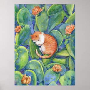 Orange Cat Sleeping Among Blooming Cacti Fine Art Poster