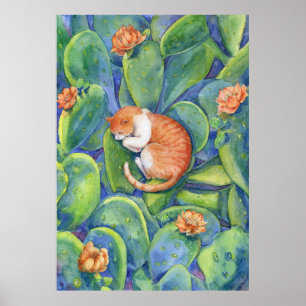 Orange Cat Sleeping Among Prickly Pear Cacti Art Poster