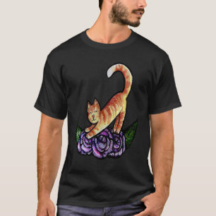 Orange Cat Stretching Purple Roses Garden T-Shirt