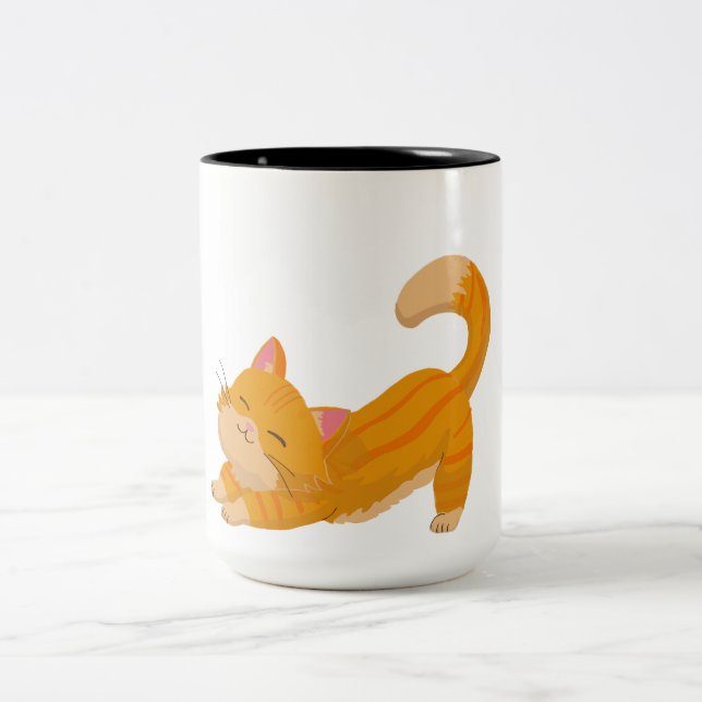 Orange Cat stretching Two-Tone Coffee Mug (Center)
