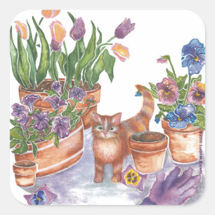 Orange Cat Tulips Pansies Watercolor "Archibald" Square Sticker