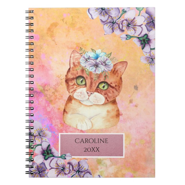 Orange Cat & Violet Flowers Girl's Daily Notes Notebook (Front)