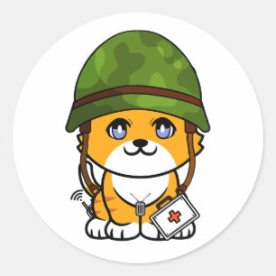 Orange Cat Wearing army helmet Classic Round Sticker