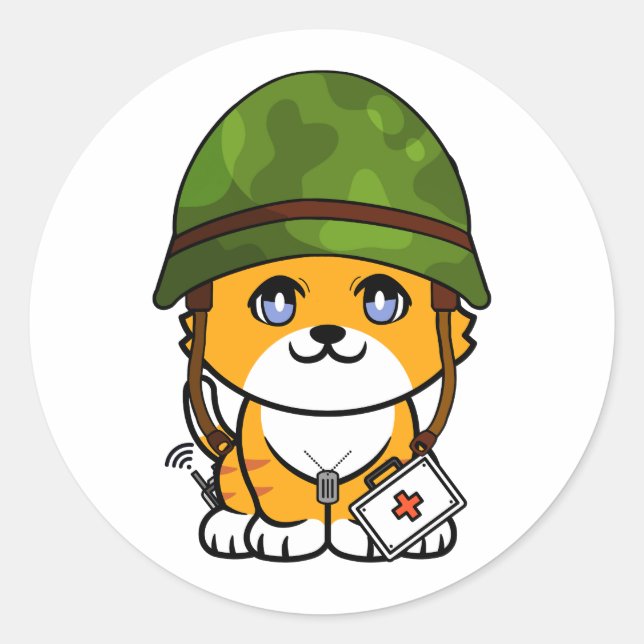 Orange Cat Wearing army helmet Classic Round Sticker (Front)