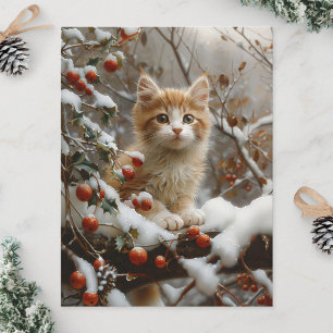 Orange Cat Winter Berries Vintage Postcard