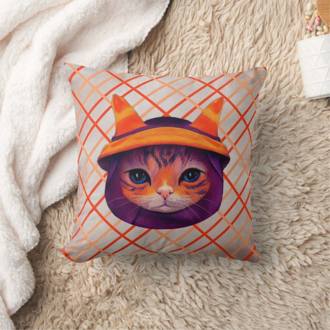 Orange Cat Witch Hat Trick or Treat Halloween Cushion (Blanket)