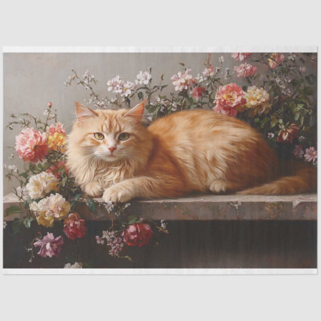 Orange Cat with Antique Flowers Painting Decoupage Tissue Paper (Front)