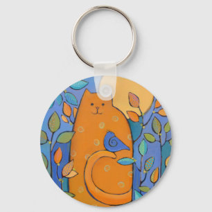 Orange Cat with Bird by Sue Davis Key Ring
