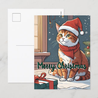 Orange cat with Christmas hat cute animal pet  Holiday Postcard